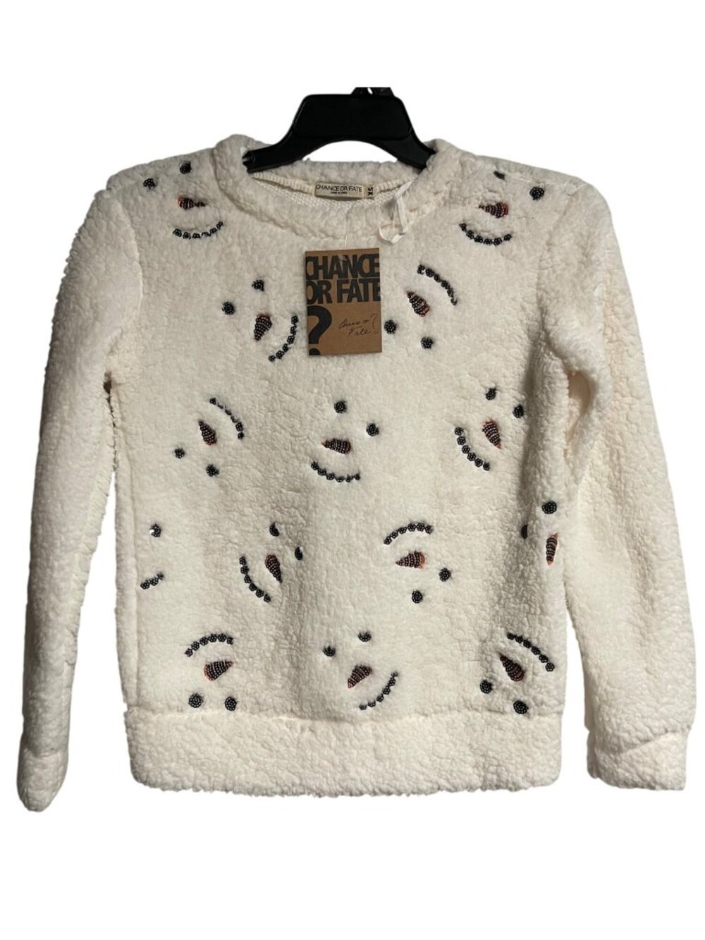 Chance Or Fate White Fleece Sweater Womens XS Snowman Face Embroidered